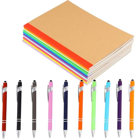 Wisebom 20 Stück Notizheft mit Regenbogen Rücken und Kugelschreiber Set, 1.0 mm Kugelschreiber mit Touchpen Kraft Notizbücher Notizbuch A5 für Büro und Haushalt