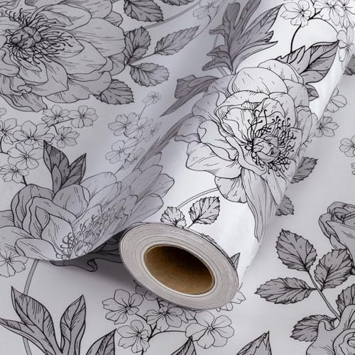 Wikadlik Geschenkpapierrolle mit Blume, 43 cm x 10 m, schwarz-weiß, perlmuttartig, dickes Packpapier für Hochzeit, Jahrestag, Party, Geburtstag