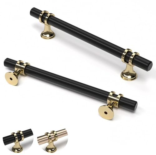 ELEBUILD 10 Stück,128mm(5Inch), Schwarz Gold Schrankgriffe aus Zinklegierung, Moderne Küchengriffe, Möbelgriffe