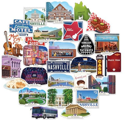 Navy Peony Lebendige Nashville-Reiseaufkleber (28 Stück) – Handillustriert, Gouache-Stil, Stadtmotive aus Amerika für Scrapbooks, Journale, Laptop