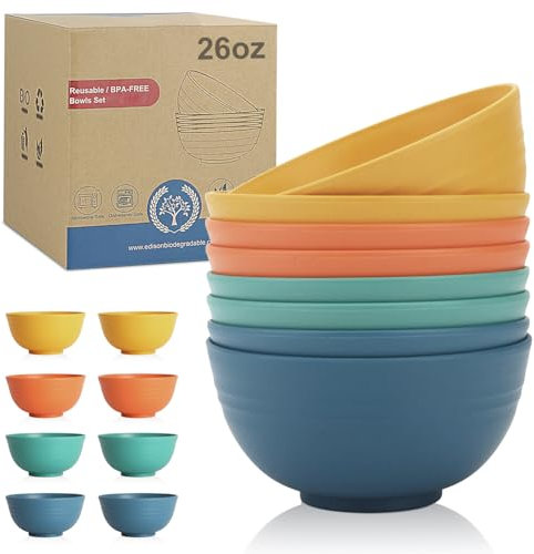 Wrova Plastic Bowl Sets 8 PCS Unbreakable Cereal Bowl 26 OZ Microwave and Dishwasher Safe Bowl Sets for Camping and Picnic Lightweight Kitchen Bowls for Serving Soup, Oatmeal and Fruit - Multi