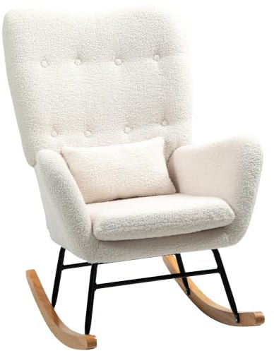 HOMCOM Schaukelstuhl Stillsessel Teddystoff-Optik Armlehne Cremeweiß | Relaxsessel mit Lendenkissen, Holzkufen, Schwingsessel Schaukelsessel, für Schlafzimmer Wohnzimmer
