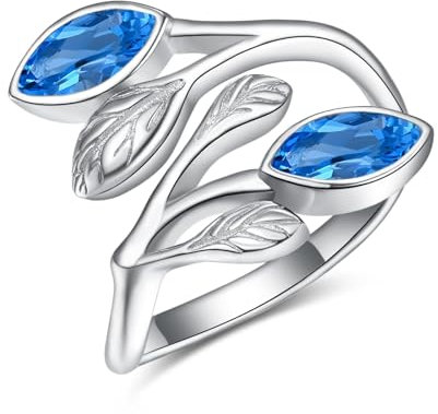 Geburtssteinring Blauer Topas Ring für Damen 925 Sterling Silber Blatt Ring Blattring für Frauen Mädchen Finger Leaf Ringe Weihnachten Geschenk