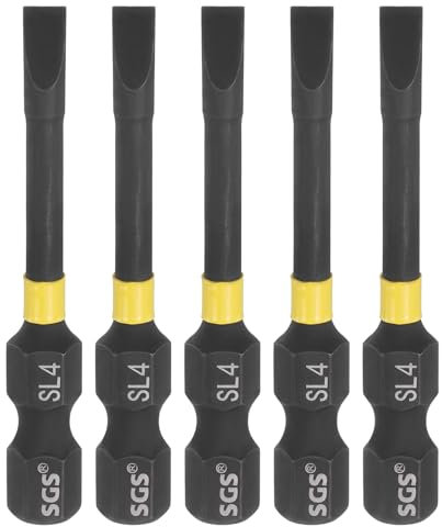 sourcing map 5pcs SL4 Slotted Impact Screwdriver Bits 4mm Slotted Tip 1/4 Hex Shank 50mm (2) Long Magnetic Flat Head Phosphated S2 Steel Screw Driver Drill Bits Electric Power Tool