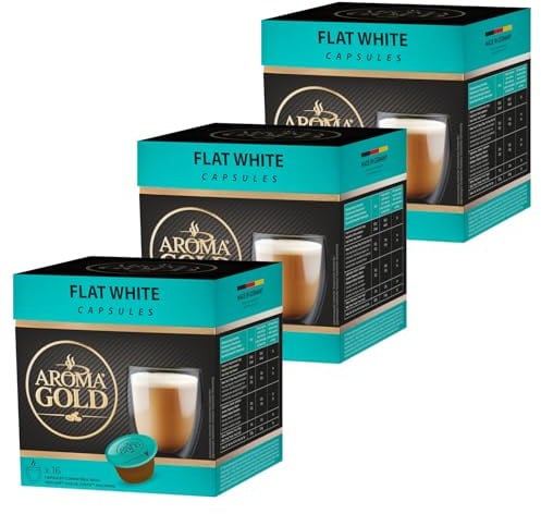 AROMA GOLD Flat White Coffee Pods 187g, 48 Capsules – Coffeee Capsules Dolce Gusto Compatible Flavoured Coffee Pods for DG Machines Barista-Approved, Mild & Harmonious Taste Perfect