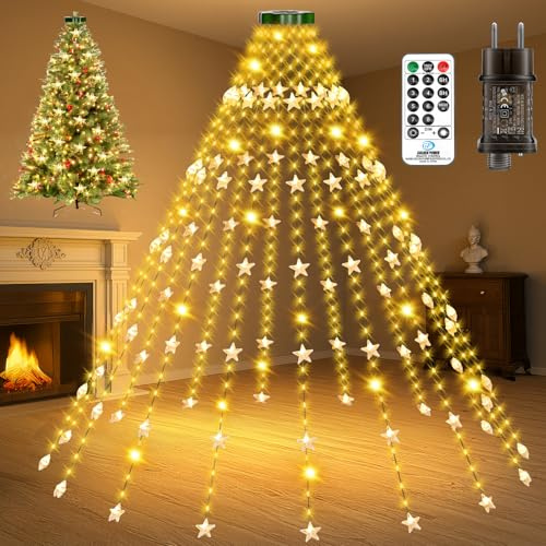 Lichterkette Weihnachtsbaum 2M, 240 LED Christbaumbeleuchtung mit Ring 12 Stränge Lichterkette Sterne, 8 Modi Timer Wasserdicht Lichterkette Innen Außen Weihnachtsbaum für 150cm, 180cm, 210cm, 240cm