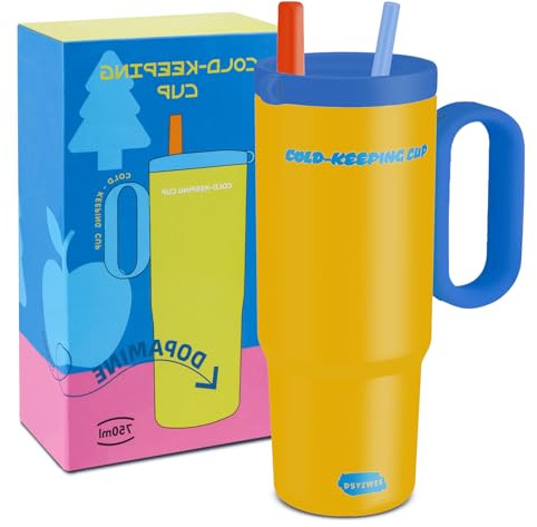 DSYZWEE 750 ml Thermobecher, 26 oz mit Strohhalm und Henkel, Doppelwandiger Edelstahl Vakuum Auslaufsicher Trinkbecher, Autobecher Becher Tumbler Thermobecher Kaffeebecher gelb