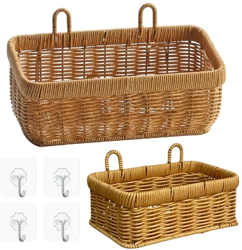 2 Stück Aufbewahrungskorb Geflochten aus Rattan Wandhalterung Organizer, Wand Hängende Lagerung Korb Container Dekorative, für Wohnzimmern, Schlafzimmern Und Büros