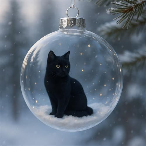 Cute Cat Christmas Glass Ornaments, Xmas Tree Kitten Ball Ornament, Vivid 3D Animal Decoration for Cats Lovers, Party Centerpiece Mantel, Fall Winter Home Decor (Black Cat)