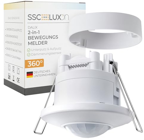 SSC-LUXon DALIX Bewegungsmelder weiß Decke 2in1 Einbau/Aufbau 360° 16m | Flacher PIR-Sensor für die Decke - 360° Erfassung bis 16m, für Einbau oder Aufbau, für Flure, Treppenhaus & Eingang, innen