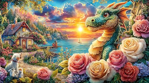 Farbenfroher Drache über antiken Tempeln 1000 Teile Erwachsenenpuzzle Spaßiges Geschenk & Hausaktivität Bildungsspiel-Herausforderung Herausforderndes Spiel für Frauen und Männer 38x52/1000 Teile