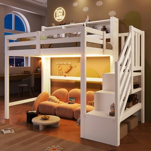 BTM Holz Hochbett 90x200 mit Stauraum und LED-Leuchten Kinderhochbett mit Rausfallschutz, Treppe, Offenem Staufach Weiß