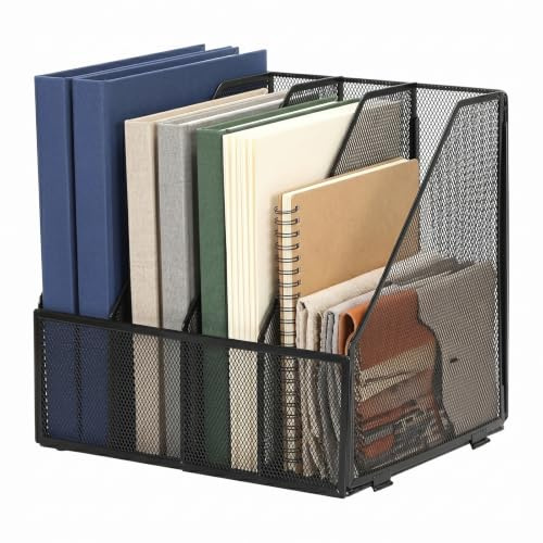evergoods 4 Tier Desk Organiser, Mesh Metal A4 Magazine File Holder | Four separate compartments keep papers, folders and magazines sorted for quick access on desks or shelves.