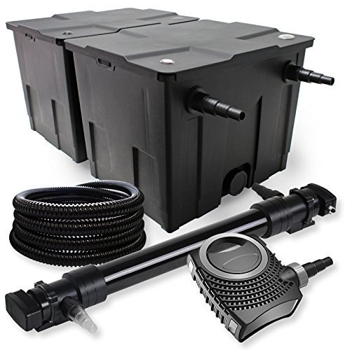 SunSun Komplettset: CBF-350B Teichfilter bis 60000 L Teichfilteranlage als Durchlauffilter, NEO10000 SuperECO Teichpumpe 10000l/h 80W, CUV-672 Teichklärer UVC Klärer mit 72W, 25m Teichschlauch 25 mm