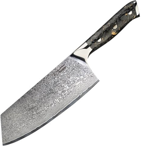 Tsume Chai Dao Hackbeil Messer Carbon Gold, Klingenlänge 18cm, Echtes Damast Küchenmesser mit Karbonfasern und Blattgold, 67 Schichten VG10 Edelstahlkern mit Kunstharz Handgriff, Rasiermesserscharf