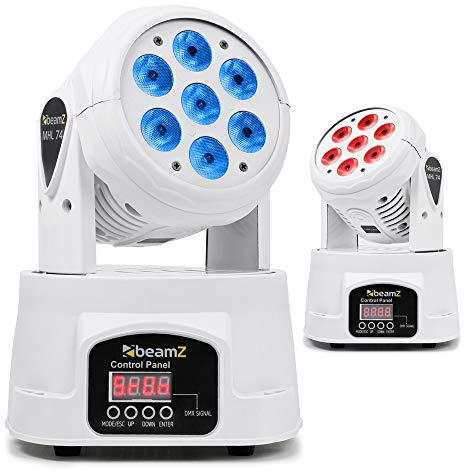 beamz MHL74W LED Mini Moving Head Wash Light Set - Pair of DMX RGBW DJ Lights with Sound Activation & Master Slave Modes for Stage Theatre Disco Events (White)