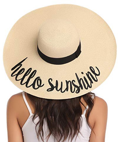 Lanzom Chapeau de paille pliable à large bord pour femme 14 cm UPF 50+ - - Taille unique