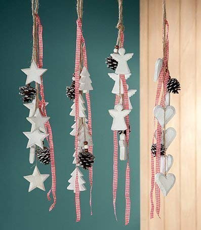 GILDE Girlande Holz Stern/Herz/Baum/Engel weiß-natur-rot 6 Ornamente/ 2 Zapfen pro Girlande