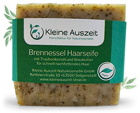 Kleine Auszeit Manufaktur, Brennessel Haarseife, bei normalem bis schnell fettendem Haar, vegan, ohne Palmöl, handgemacht 90 g