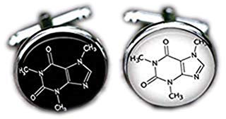 Manschettenknöpfe, Koffein-Manschettenknöpfe, Koffein-Molekül, strukturelles Modell, chemische Formel, Chemie, Schwarz und Weiß, Geschenk der Liebe