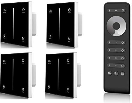 LEDUX Universal Funk-Dimmer 4er-Set mit Gruppenfernbedienung, Steuerung von LED, Halogen, Glühbirnen - elektronischer Dimm-Schalter (4x Dimmer, Touch-Panel)