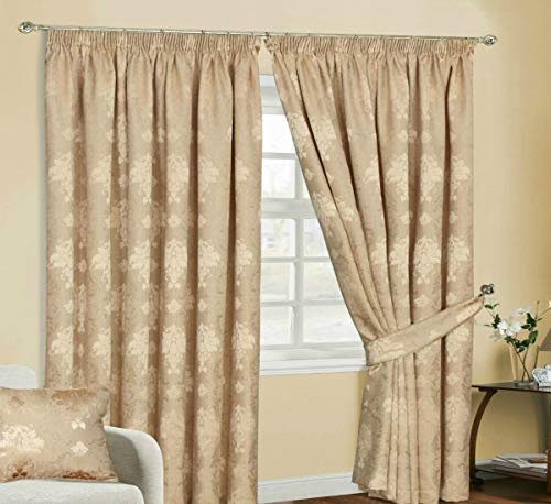 Householdfurnishing Redy Made Luxury Jacquard Fully Lined Curtain Pair Pencil Pleat With Free Tie Backs (Gold Curtain, 90 x L 90)