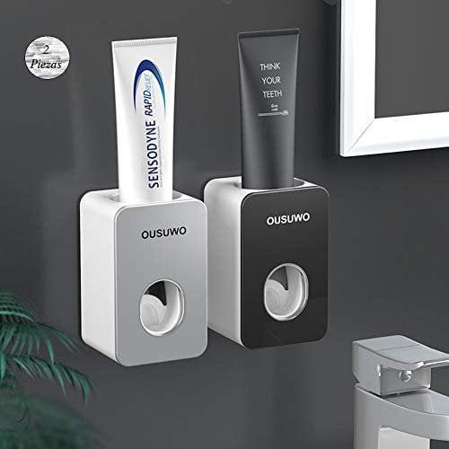 YUSHI 2 Pieces Automatic Toothpaste Dispenser, Hands Free, Wall Mounted, No Drilling Required, Easy to Clean, Compatible with Any Toothpaste, Grey, Black
