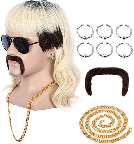 Yuehong Men Short Black Roots Blonde Mullet Wig 70s 80s Rocker Costume Hair with Heat Resistant Synthetic Fibers