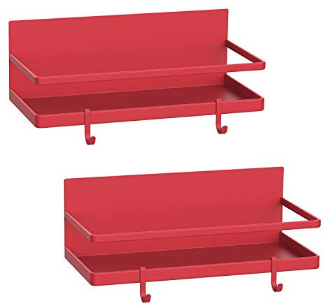 Magnetisches Gewürzregal, Thipoten, starkes magnetisches Regal mit 2 abnehmbaren Haken, perfekter Platzsparer für kleine Küche/Wohnung, toller Metallschrank für Gewürze, Gläser, Beve (rot, 2er-Pack)