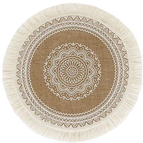 SWECOMZE 4er Set Rund 38cm gewebte Tischsets Waschbar,Boho Baumwolle Platzsets Untersetzer Abwaschbar Hitzebeständig und rutschfest,Ideal für Küche,Party,Hochzeit usw (Weiße Spitze 1)