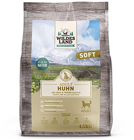 Wildes Land - Halbfeuchtes Trockenfutter für Hunde - Huhn - 1,5 kg - Soft mit Reis und Wildkräutern - Glutenfrei - Extra viel Fleisch - Für alle Hunderassen - Beste Akzeptanz