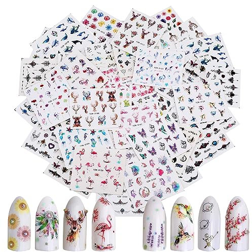 MWOOT 48 Feuilles 3D Autocollants pour Ongles,Nail Art Autocollants de Transfert d'eau D'Ongles Décalcomanies avec Fleurs Papillon Animal Attrapeur de rêves per Décoration Ongles Bricolage