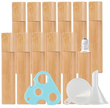 ZEOABSY 24 Pezzi da 10 ml di profumo olio essenziale Roll-on in bottiglia, copertura in bambù, sfere in acciaio inox, per aromaterapia, fragranza, laboratorio 1 x Opener 2 x imbuto