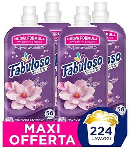 Fabuloso Ammorbidente Lavatrice Concentrato Sensation Magnolia, 216 lavaggi, Bucato Morbido e Fresco 2 volte più a Lungo, 4 x 1.25 L