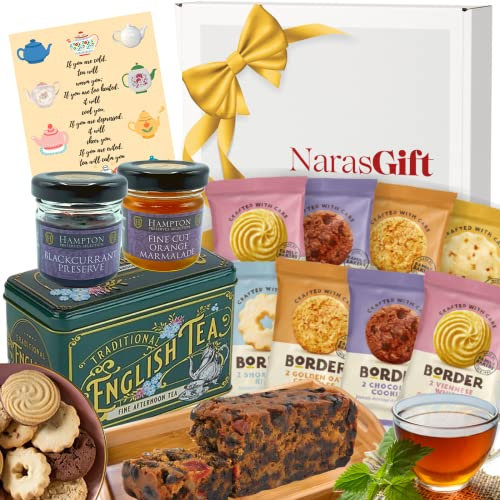 Biscuits Gift Set and Afternoon Tea Hamper for 2-40 English Tea Bags, 8x 2 Pack Border Biscuits, 400g Fruit Cake - Food Hamper Gifts for Women and Men, Thank You Hampers, Birthday Hampers