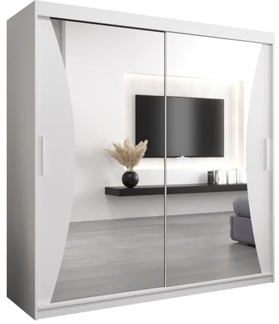 ABIKSMEBLE Monaco 200 Armario de Dormitorios con Tres Puertas Correderas - Armario de Almacenamiento Moderno con Espejo, Perchero y Estantes - 200x200x62 cm - Blanco Mate