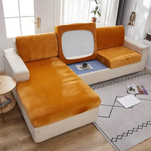 MINGPINHUIUS Weicher Samt Sofakissenbezug - Stretch Anti-Rutsch Sofabezug Couch Kissenbezüge für Sektionssofa L-Form, Sofakissen Schonbezug Möbelschutz (Orange,Recamiere)