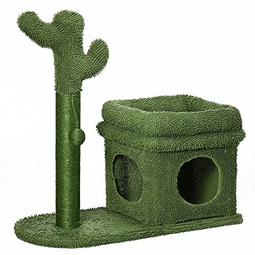 PawHut Albero per Gatti a forma di Cactuscon Lettino con casetta per Gatti e Palo Tiragraffi in Sisal, Torre per Gatti in Truciolato e Ciniglia, 68x30x67cm, Verde