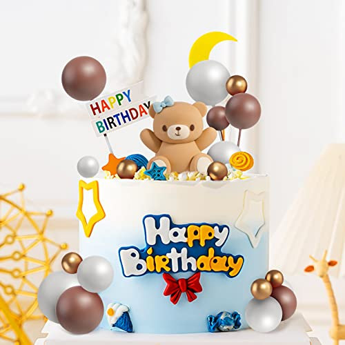 3D Teddy Bear Cake Toppers Decorations, Brown Bear Cake Balls Decor for Boy Girl Baby Shower Birthday Wedding Party Decorations, 28PCS (Blue Bowknot Bear)