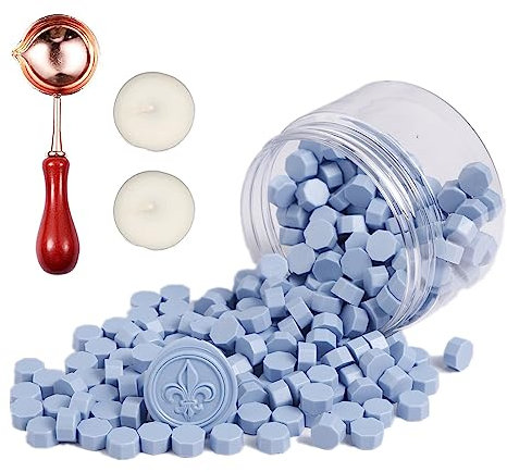 Comealltime 248 Stück Siegelwachs Set, Makaron Farbe Achteckige Siegelwachsperlen mit 2 Teelichtern & 1 Schmelzlöffel, Siegellack für Wachssiegel Stempel-Haze Blau