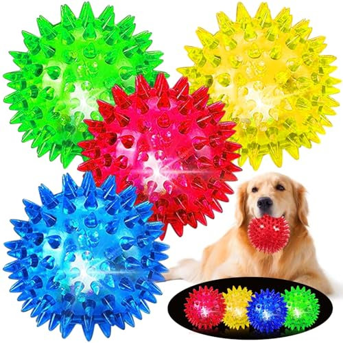 JLVAUVT Leuchtende quietschende Hundebälle: LED-Hundebälle für aggressive Kauer, großes Kauspielzeug zum Zahnen – Spikey Hundebälle für kleine, mittelgroße, große Hunde