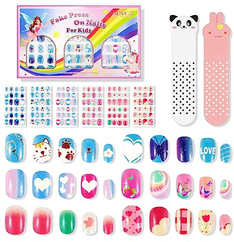 144 Stücke Mädchen Aufdrücken Nägel Gefälschte Nägel Künstliche Nagelspitzen Kinder Vollabdeckung Kurze Falsche Fingernägel für Mädchen Kinder Nagelkunst DIY Sommer(#2-Herz+Katze)