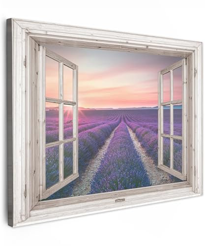 MuchoWow© Leinwand 80x60 cm Deko Schlafzimmer Aesthetic Leinwandbilder Wohnzimmer Gemälde Foto Geschenk Living Room Decoration Fensterblick - Lavendel - Holz - Sonnenuntergang - Lila