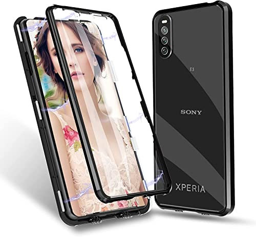 Hülle für Sony Xperia 10 V, Magnetische Metallrahmen Handyhülle 360 Grad Full Body Vorne hinten Gehärtetes Glas Schutzhülle Einteiliges Ultra Dünn Flip Transparente Cover,Schwarz