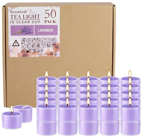 Wfmolcand 50 Pack Bulk Lavender Scented Tealight Candles in Clear Cup, Purple Wax Votive Candle for Birthdays Weddings Churches Anniversaries & More（8 Hour）