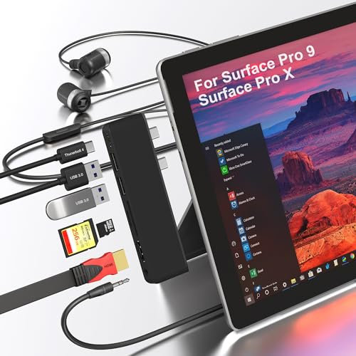 Surface Pro 9 11 10 Hub Docking Station,Surface Pro 9 Adapter mit 4K HDMI,Thunderbolt 4(8K-Video+40G Daten+100W Aufladen),2XUSB 3.0,SD/TF Kartenleser,3,5mm-Audio,dreifaches Display für Surface Pro 9