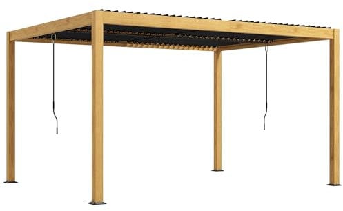 Outsunny Pérgola bioclimática 3 x 4 m con Lamas Regulables Mediante manivela, Estilo contemporáneo, Aluminio - Negro y Natural
