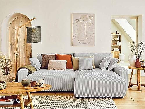 Lisa Design Pivoine – Ecksofa beidseitig montierbar– 4-Sitzer– Schlaffunktion mit Bettkasten – aus Cord Hellgrau