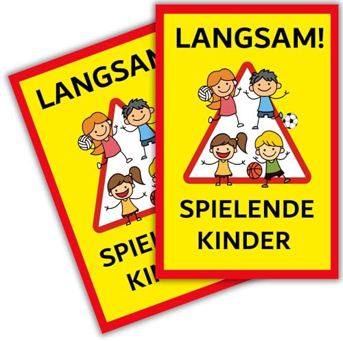 2 Stück - Achtung Kinder Schild(20x30 cm Kunststoff) - Vorsicht Hier Spielen Kinder - Bitte langsam Fahren- BerpaHome