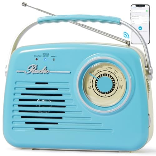 Retro Radios Portable Am Fm, Small Vintage Bluetooth Radio, C*4 Battery Operated Radio or Plug in Wall, Support SD Card AUX USB MP3 Player for Home/Outdoor, Gifts for Seniors Elderly(Blue)